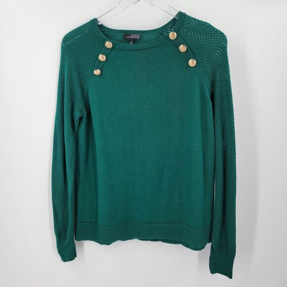 The Limited Sweater Womens Large Green Open Knit Sleeves Gold Button Accents - Picture 5 of 11